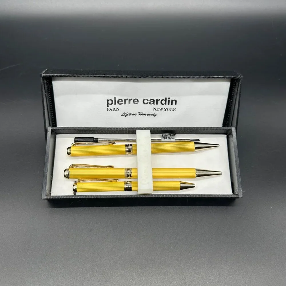 Pierre Cardin Yellow Pen Pencil Set Bonus Stylus Black Case Desk Office Gift